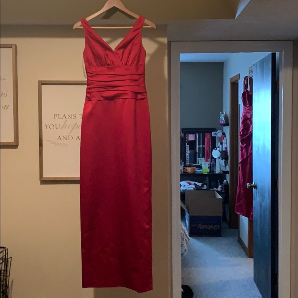 Maroon David’s Bridal dress